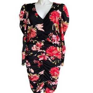 Black / Pink Floral Rose Ruched Bodycon Dress Plus Size 1X